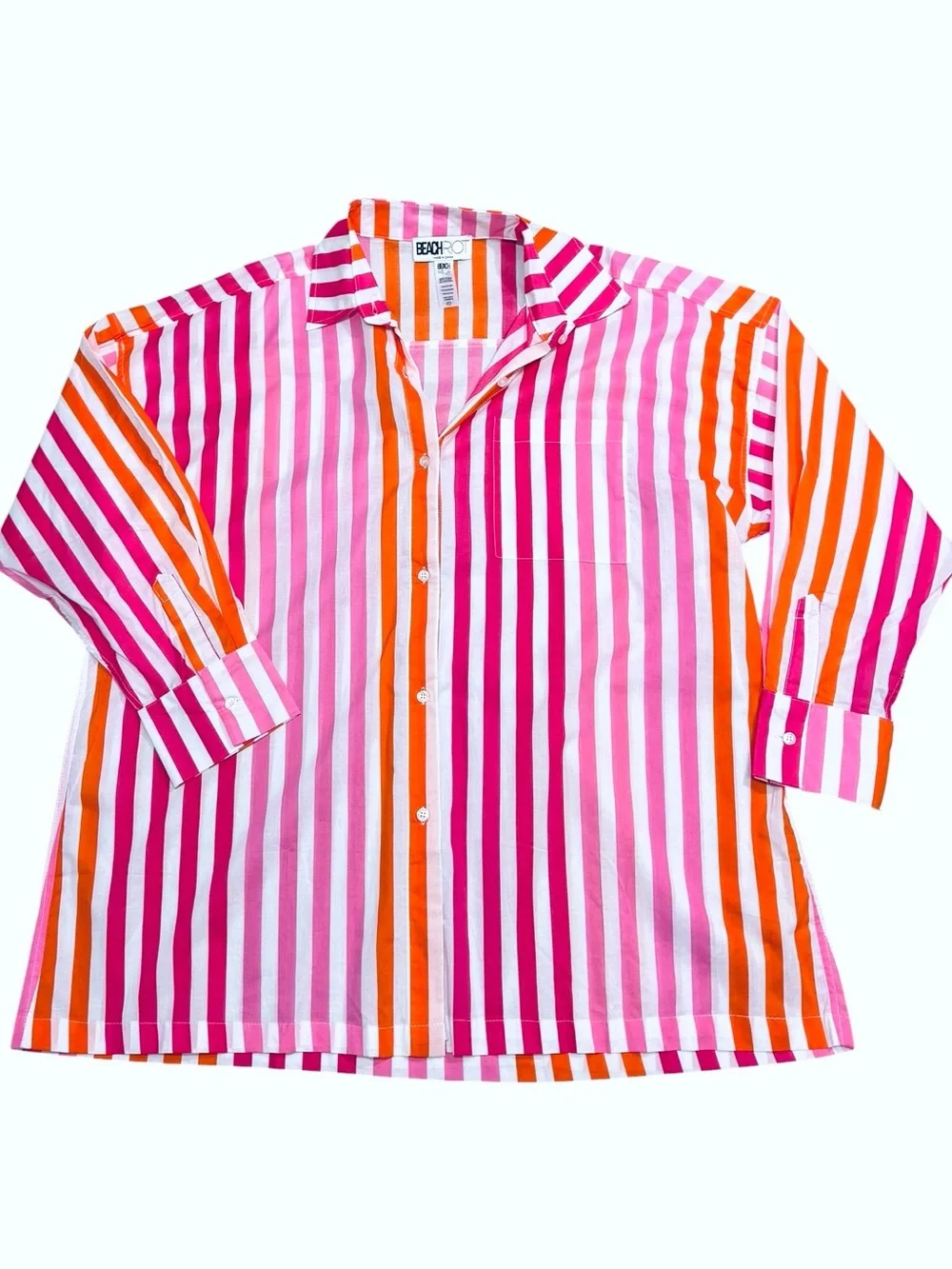 Beach Riot Alexa Coverup Button Down 100% Cotton Stripes Pink Orange Beach Swim
